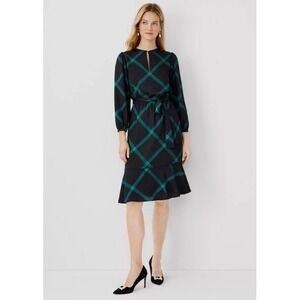 Ann Taylor NWT Black Green Plaid Long Sleeve Midi Dress Size 14